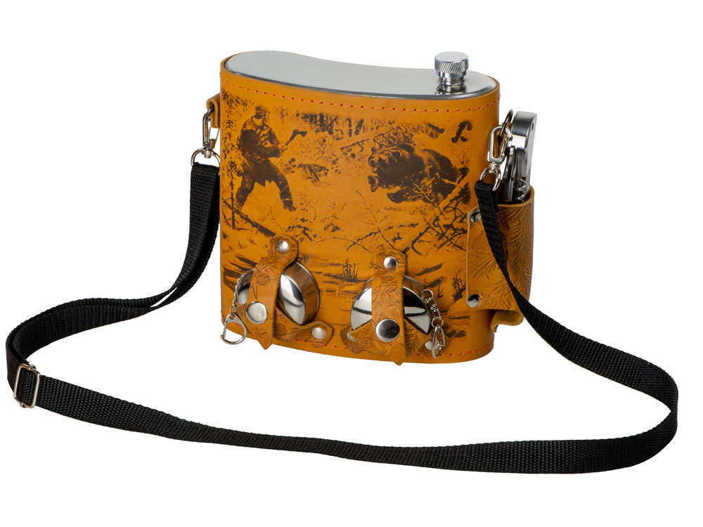 Набор Подарочный: фляга 510/2(рыжая кожа), 1,5 л+ 2 стаканчика+нож-0