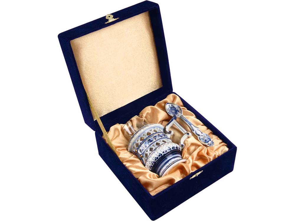 Набор: стакан с подстаканником и ложкой, белый/синий-0