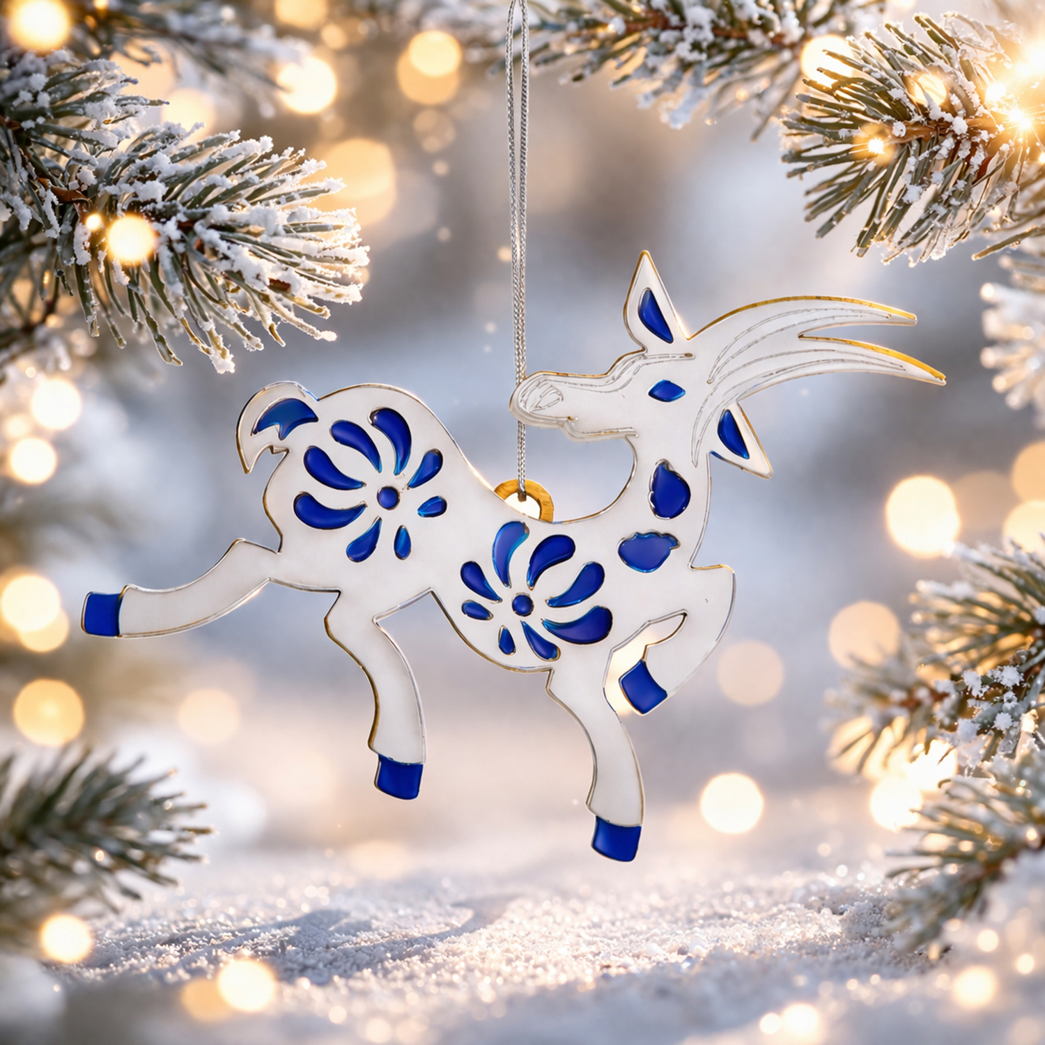Ёлочная игрушка Коза (серебряный с синим)-6