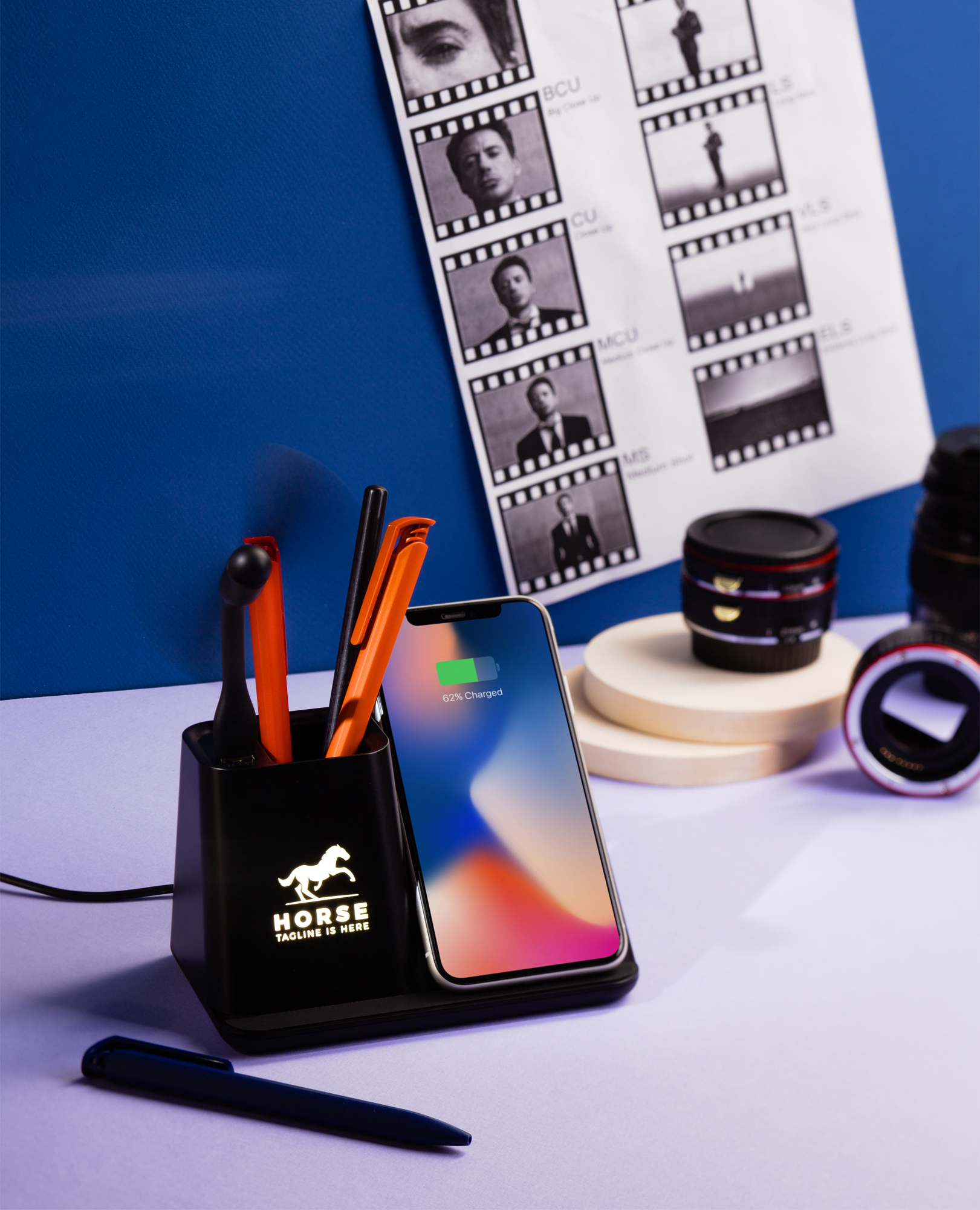 Карандашница "Black Star" с беспроводным (10W) зарядным устройством, вентилятором и лампой, с подсветкой логотипа-2