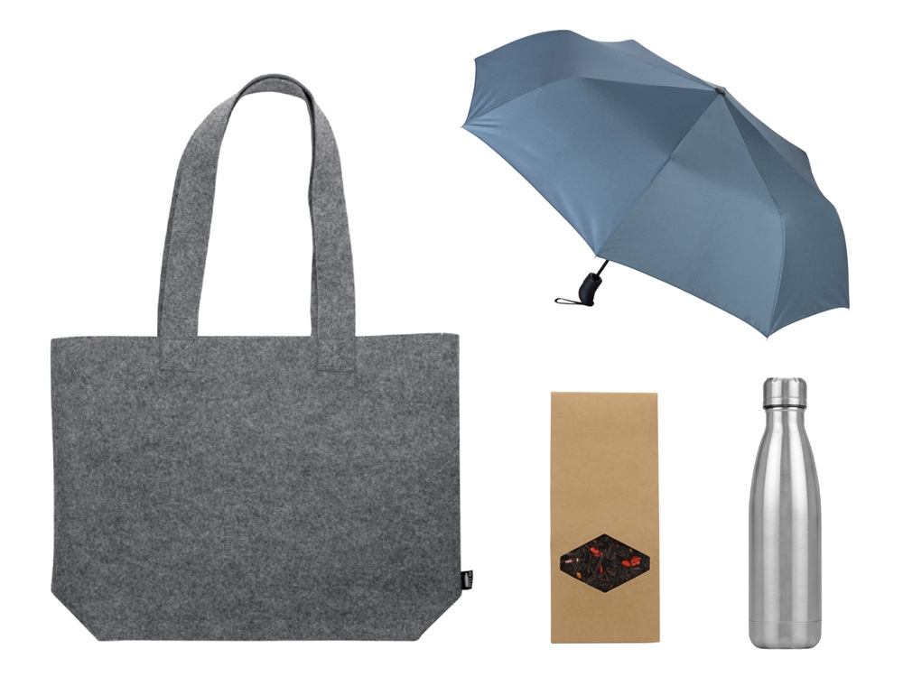 Подарочный набор с зонтом и термобутылкой в шопере, голубой-0