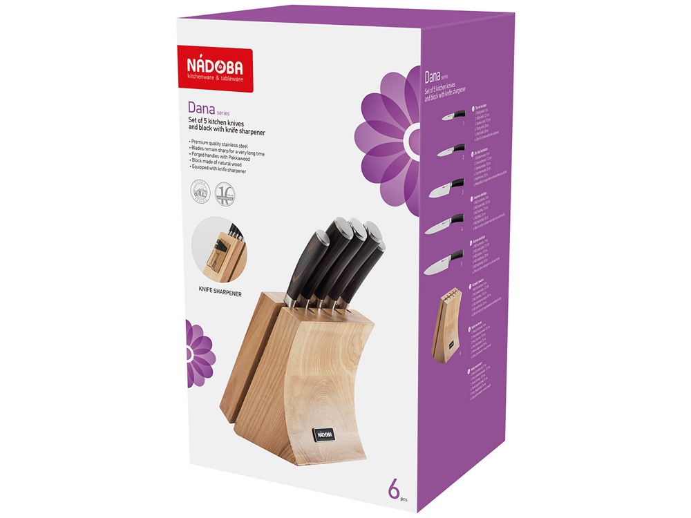 Набор из 5 кухонных ножей и блока для ножей с ножеточкой, NADOBA, серия DANA-6