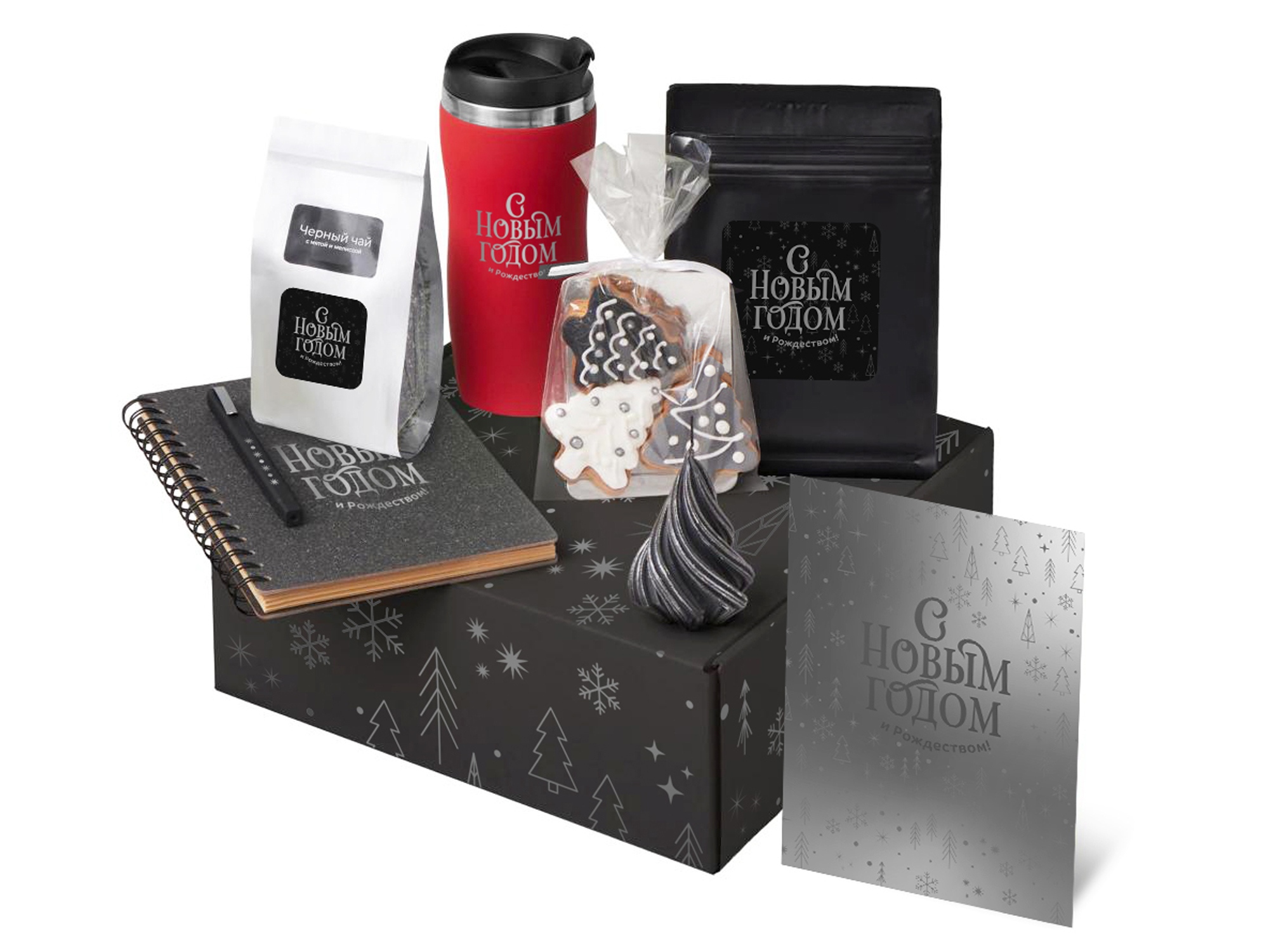 Подарочный набор c термокружкой, чаем, кофе и блокнотом, красный-0