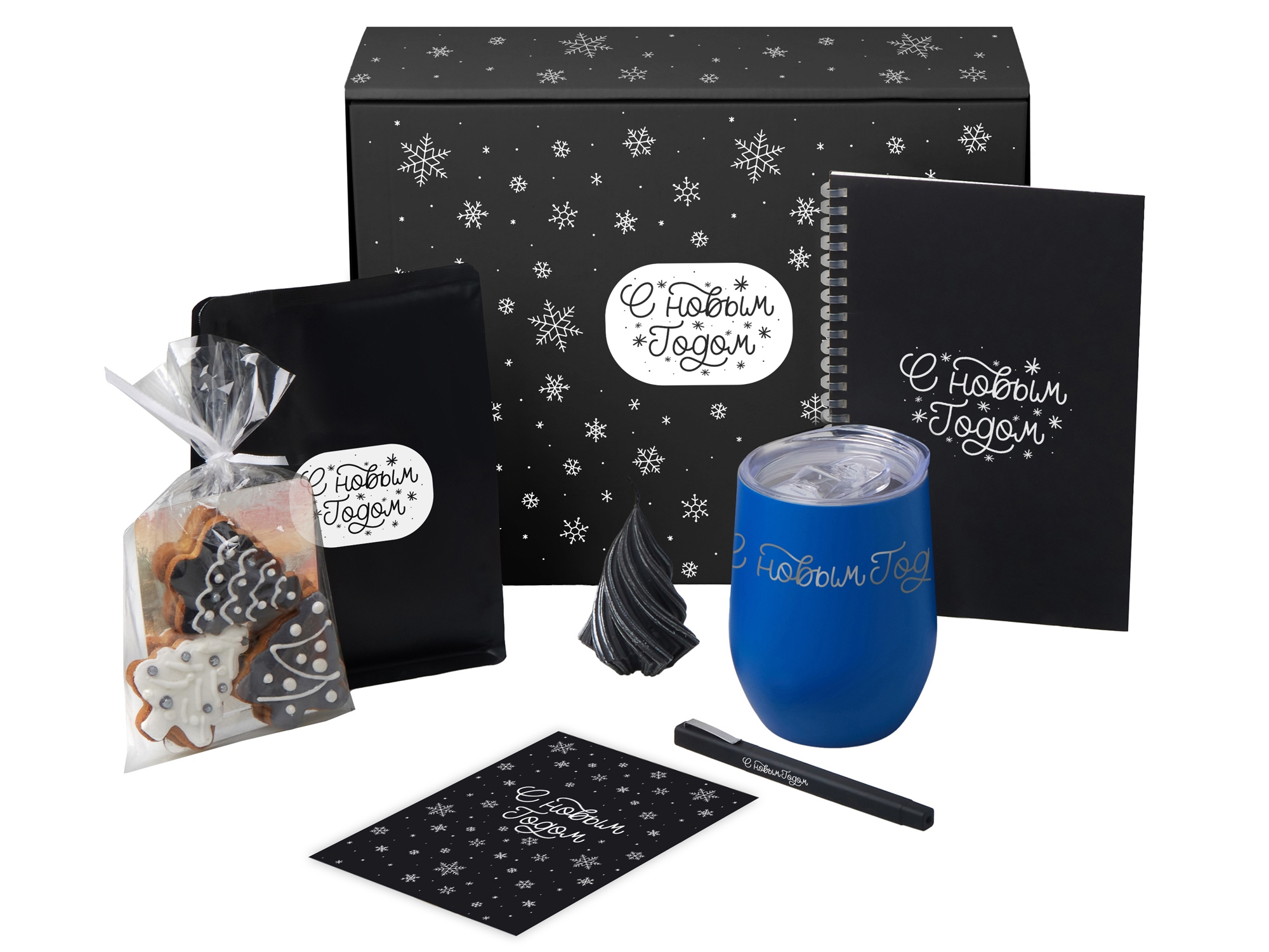 Подарочный набор c термокружкой, блокнотом, ручкой и свечкой, синий-0