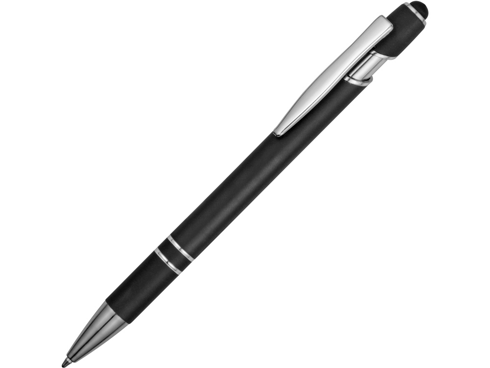 Ручка металлическая soft-touch шариковая со стилусом Sway, черный/серебристый-0