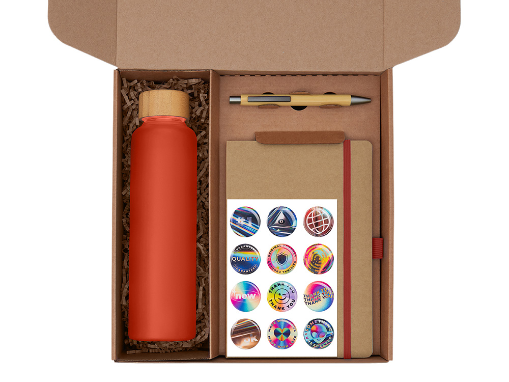 Подарочный набор с бутылкой для воды. блокнотом, ручкой и подставкой для телефона, красный-1