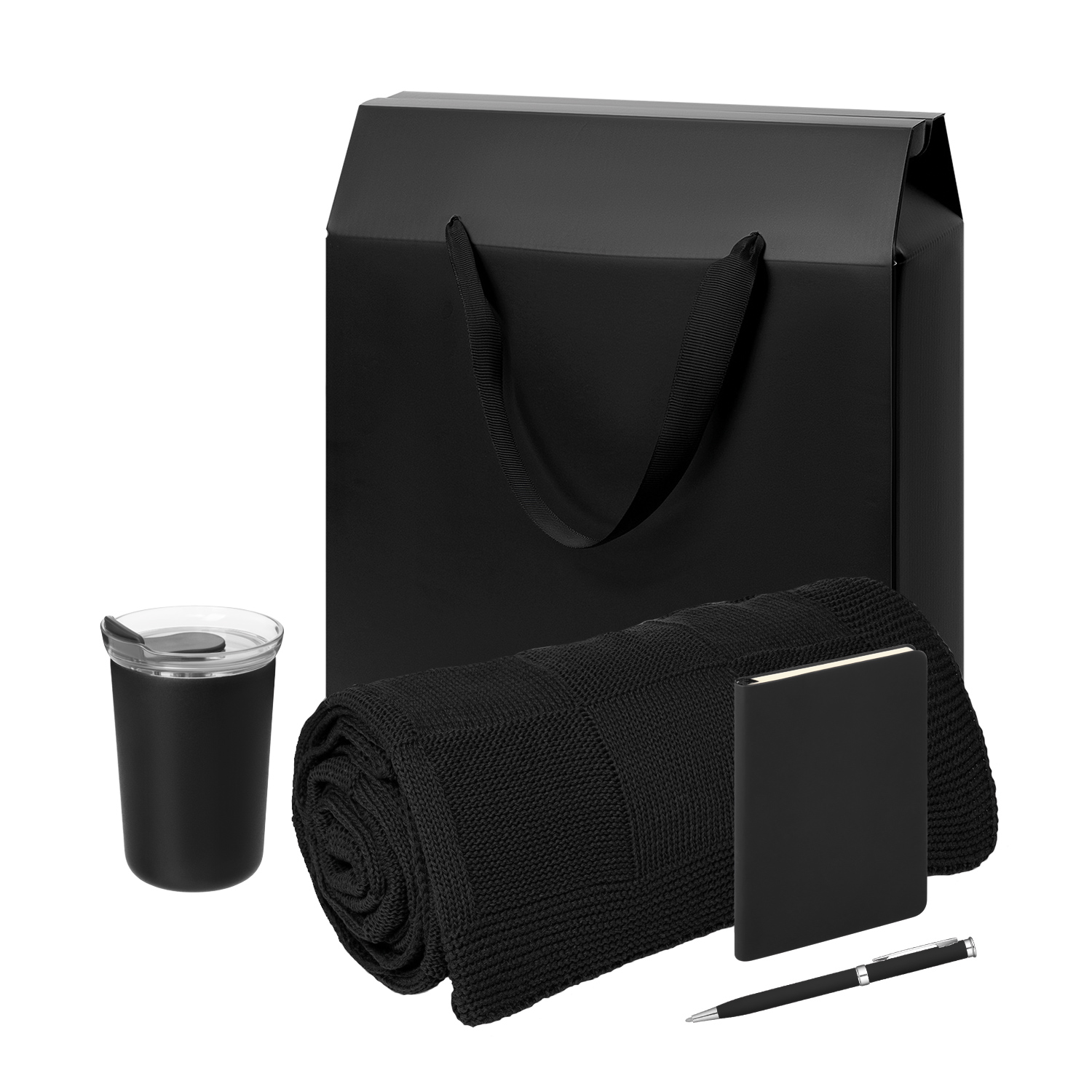 Подарочный набор Welcome Pack Spark mini, черный (термокружка, блокнот, ручка, плед, коробка-пакет)-0