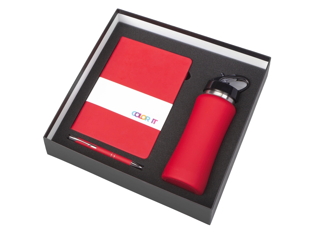 Подарочный набор с блокнотом С2, металлической ручкой и бутылкой для воды, красный-1