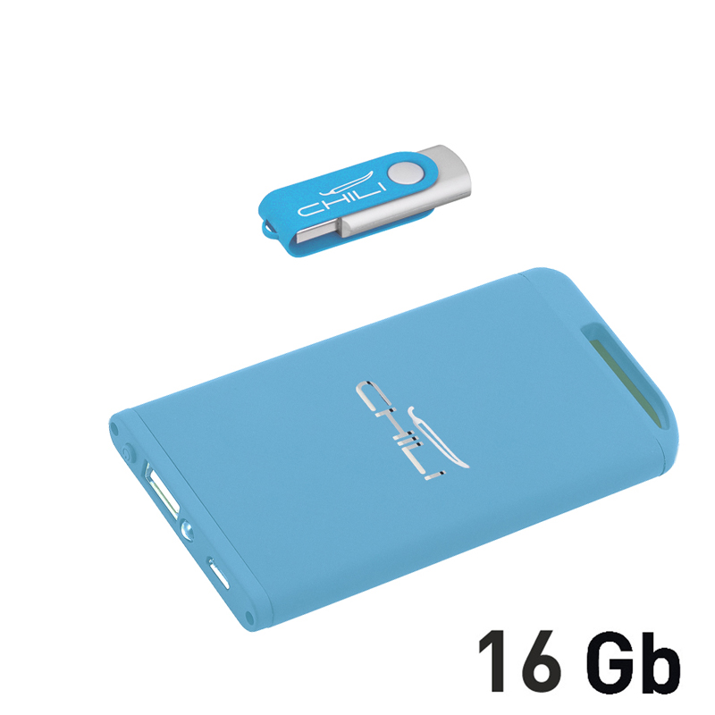 Набор зарядное "Theta" 4000 mAh + флеш-карта "Vostok" 16Гб  в футляре, голубой, покрытие soft touch-0