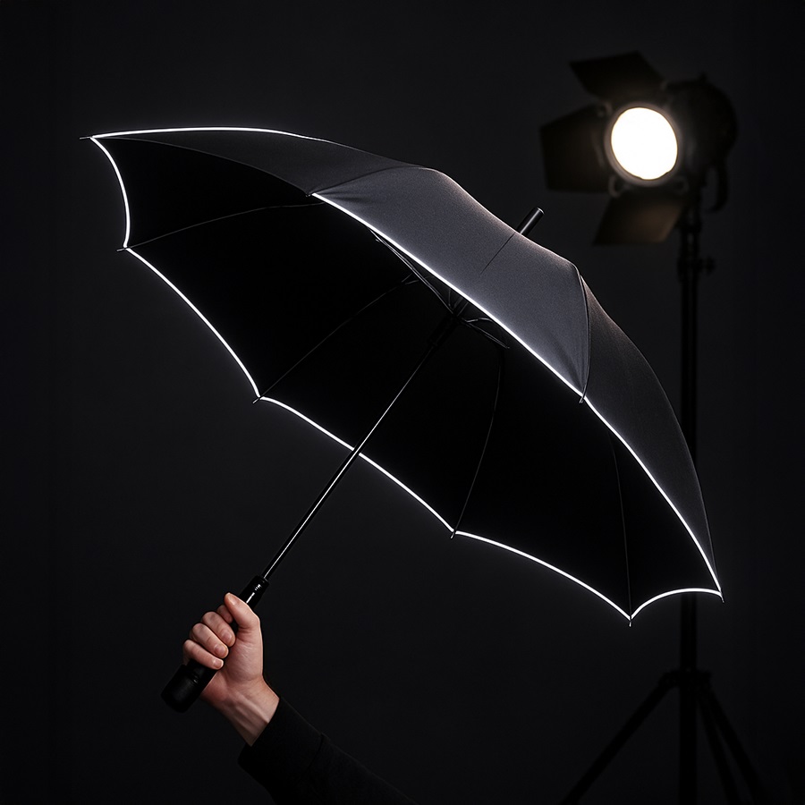 Зонт-трость "Reflect", полуавтомат, эпонж, чёрный со светоотражающей окантовкой в чехле с ручкой, черный-4