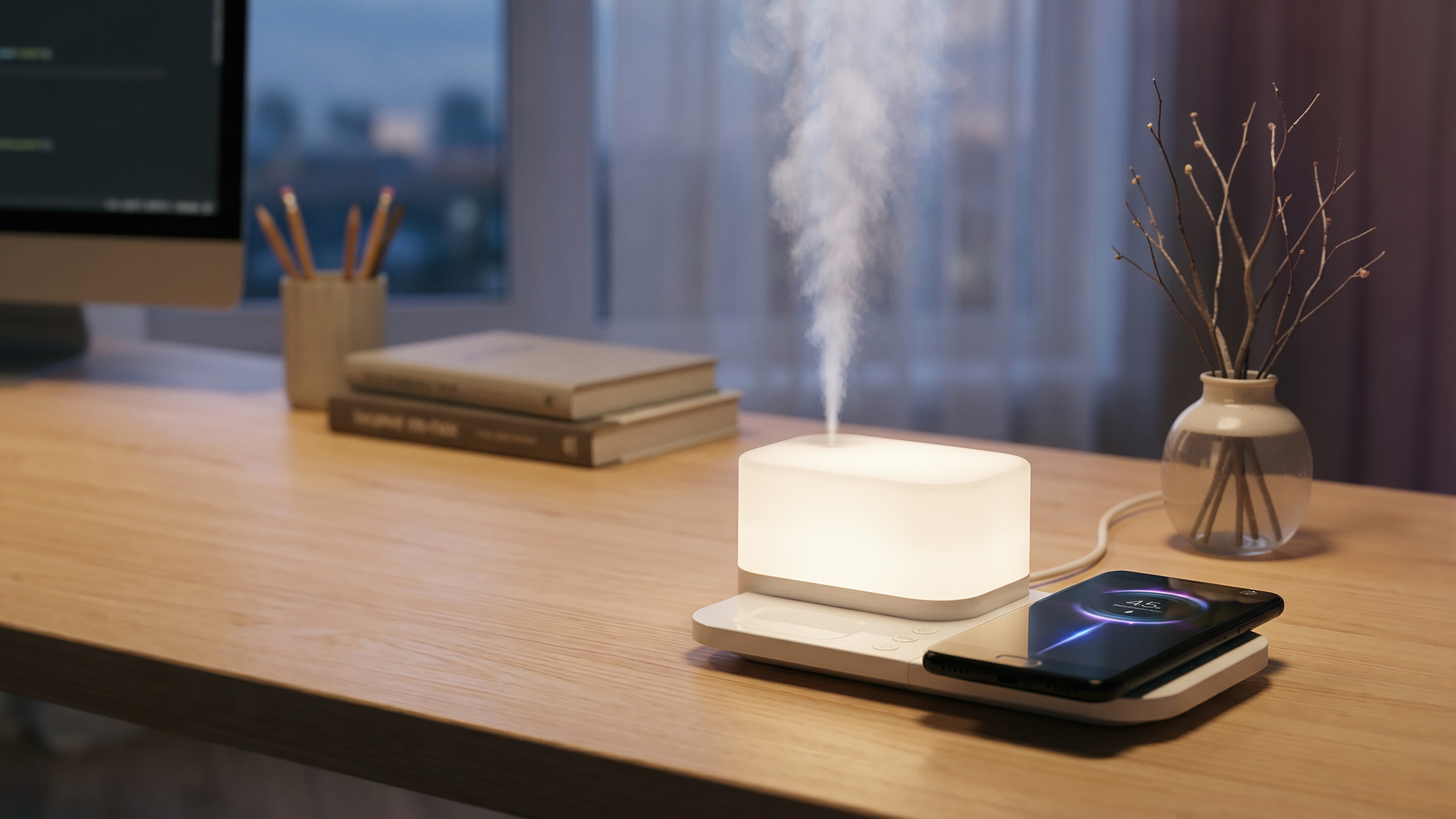 Настольная беспроводная (15W) зарядная станция  "Smart Base" с увлажнителем и лампой-2