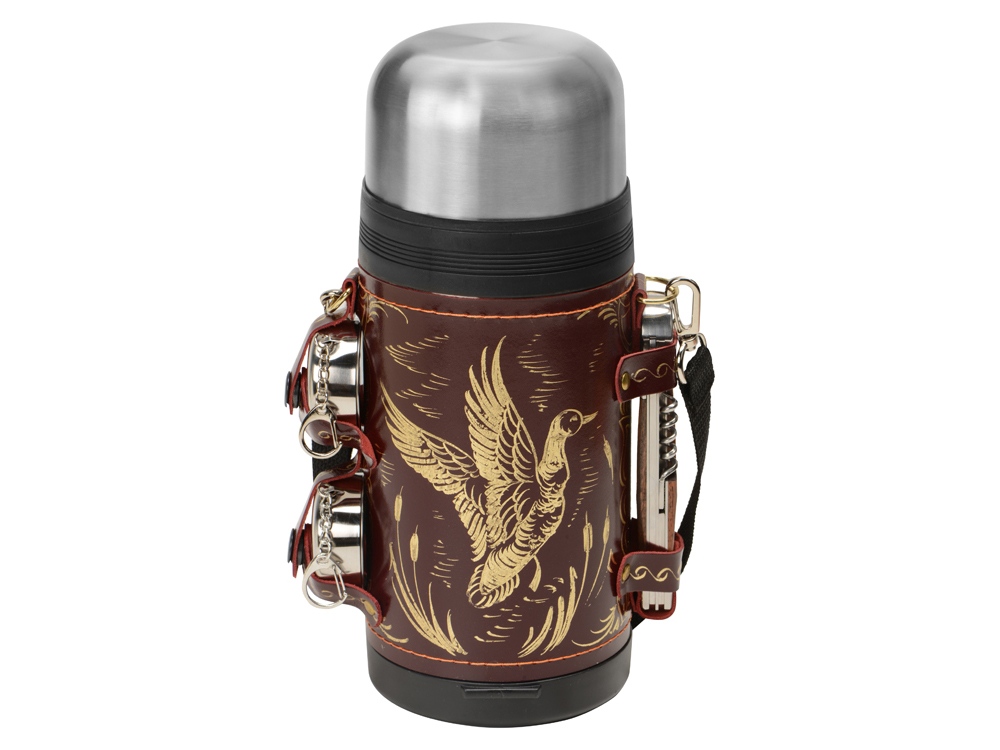 Термос в кожаном чехле, 1,2л, бордовая кожа-1