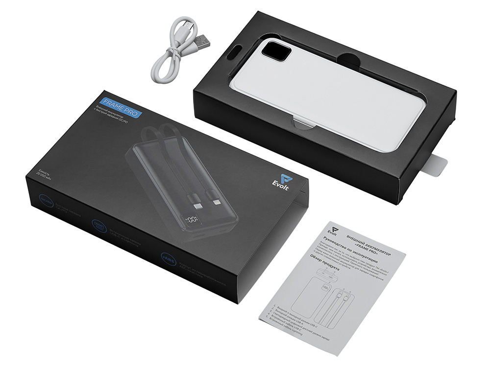 Внешний аккумулятор со встроенными кабелями Фрэйм Про, быстрая зарядка, 20000мач, белый-6