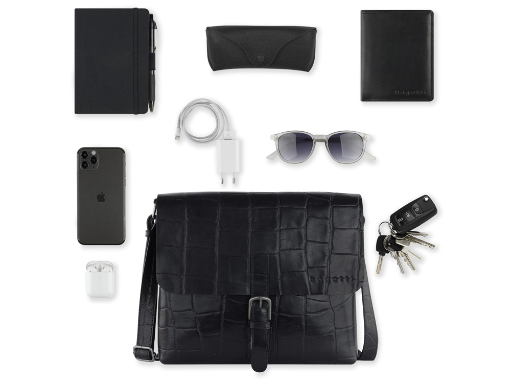 Сумка-мессенджер мужская BUGATTI Nevio, чёрная, воловья кожа/хлопок, 30,5х7х25 см, 5 л-5