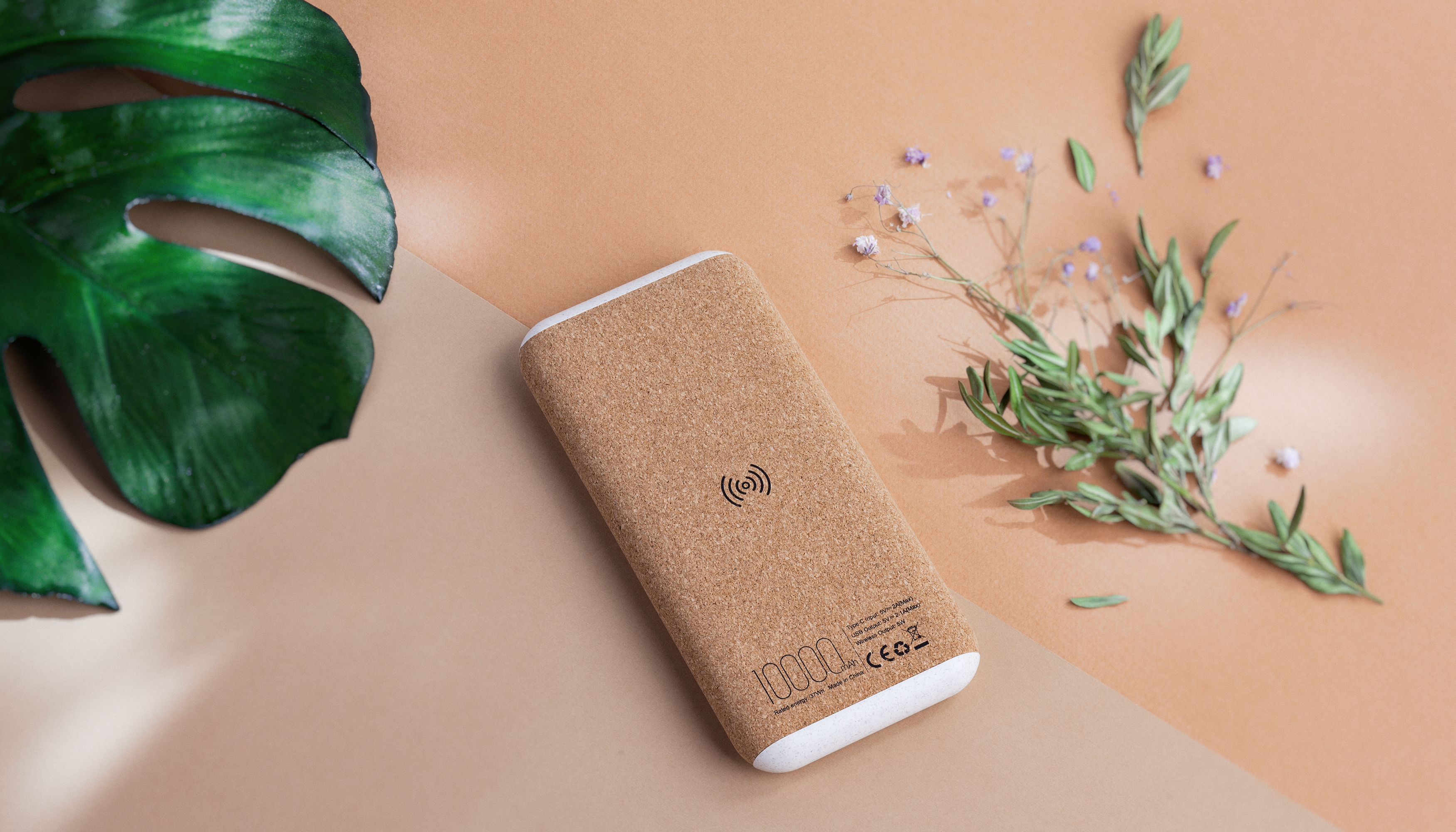 Беспроводное зарядное устройство "Cork Power" 10000 mAh, пластик/пшеничное волокно/пробка-2