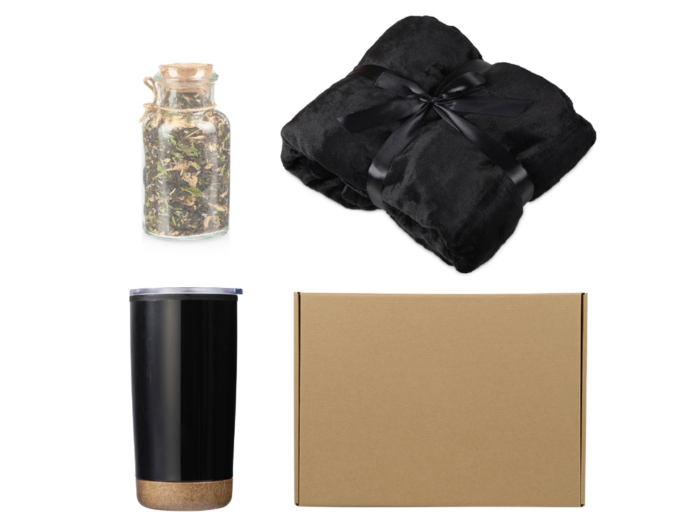 Подарочный набор с пледом, термокружкой и чаем, черный-0
