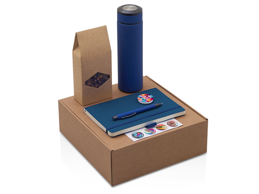 Подарочный набор с термосом, блокнотом, ручкой и чаем, синий-0