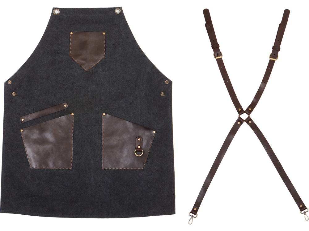 Фартук из канваса с ремнями из натуральной кожи, материал: канвас смесовый, плотность 450 гр/м, натуральная кожа КРС, цвет черный, коричневый темный-5