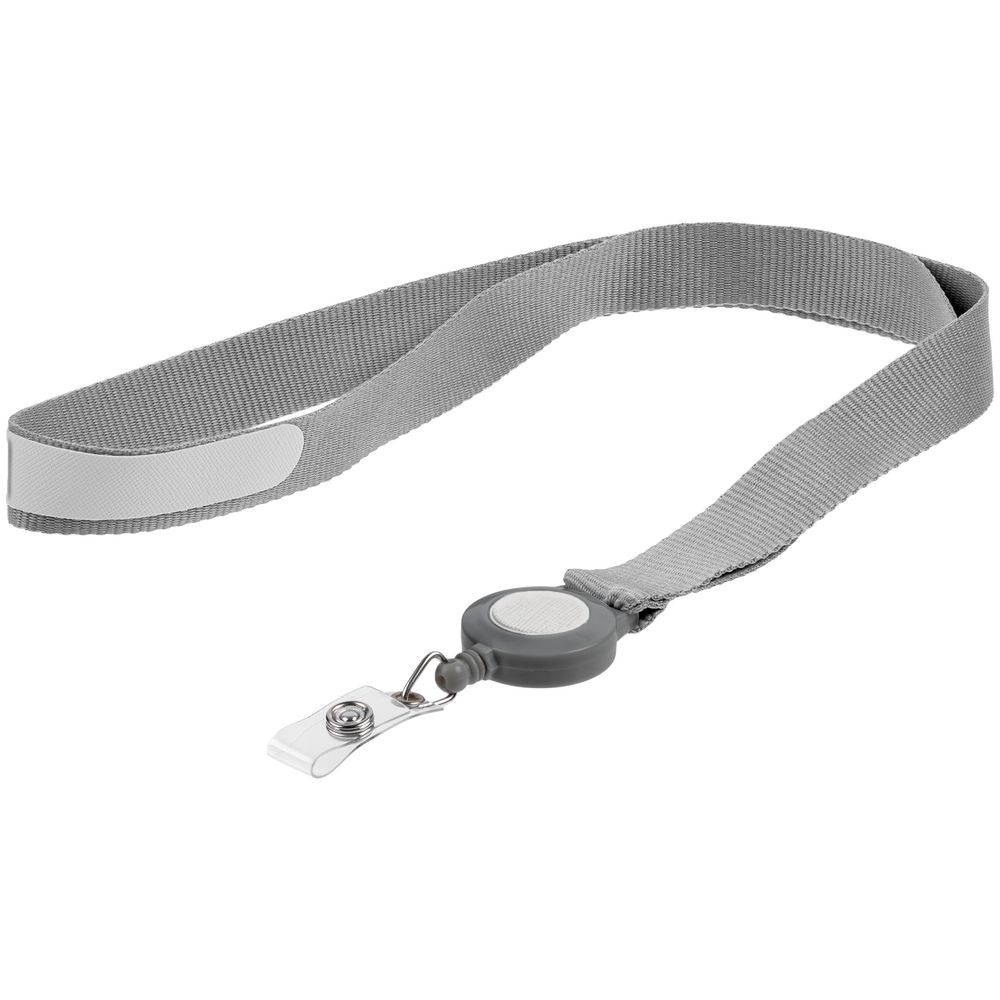 Лента для бейджа с ретрактором Devon, серая с белым-1