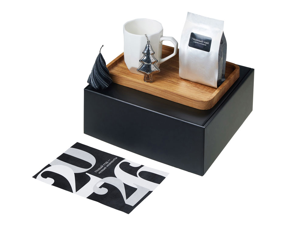 Подарочный набор с кружкой, подносом, свечой и чаем, белый-1