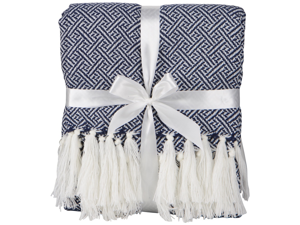 Плед акриловый Tassel с белой бахромой, темно-синий-2