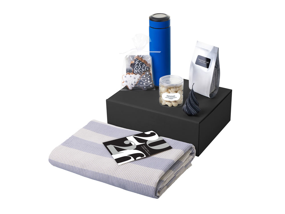 Подарочный набор c пледом, термосом, свечой и миндалем, синий-1