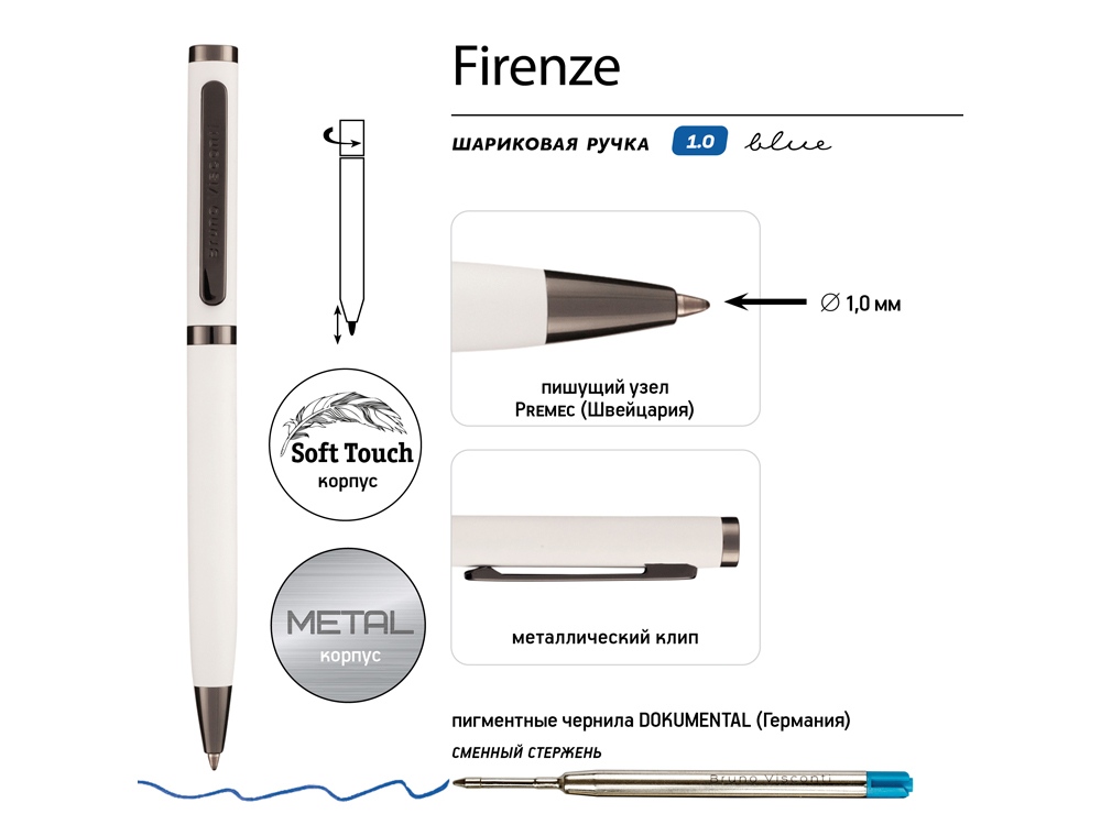 Ручка Firenze шариковая автоматическая софт-тач, белая-2