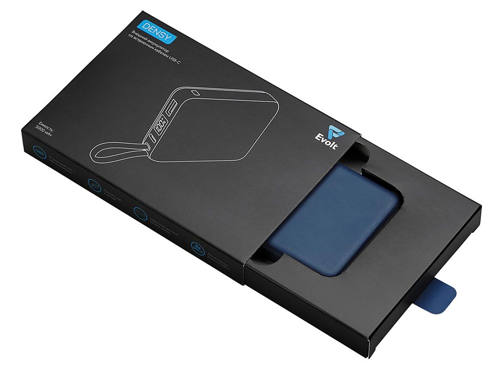 Внешний аккумулятор со встроенным кабелем USB-C Дэнси, 5000 мАч, темно-синий-4