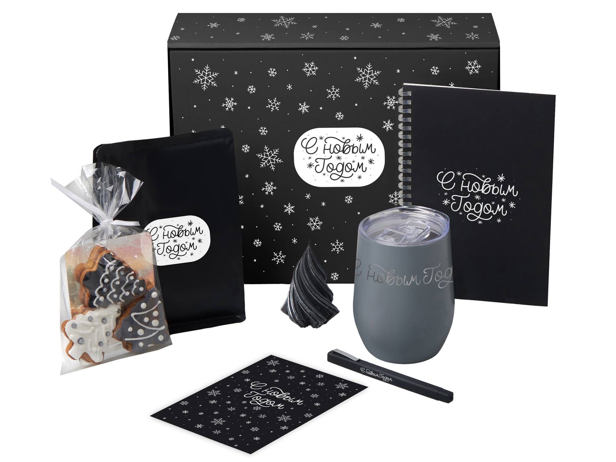 Подарочный набор c термокружкой, блокнотом, ручкой и свечкой, серый-0