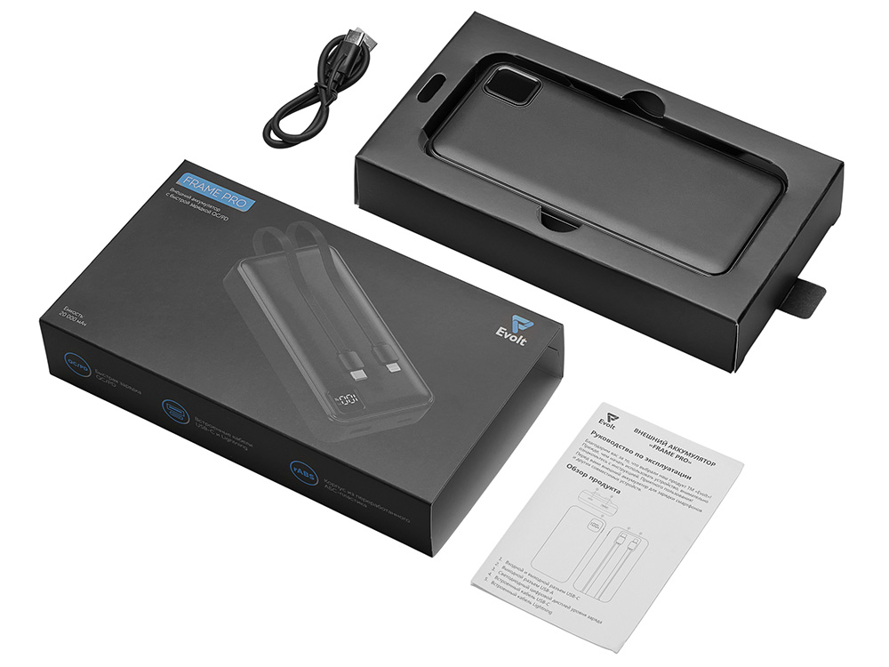 Внешний аккумулятор со встроенными кабелями Фрэйм Про, быстрая зарядка, 20000мач, черный-6