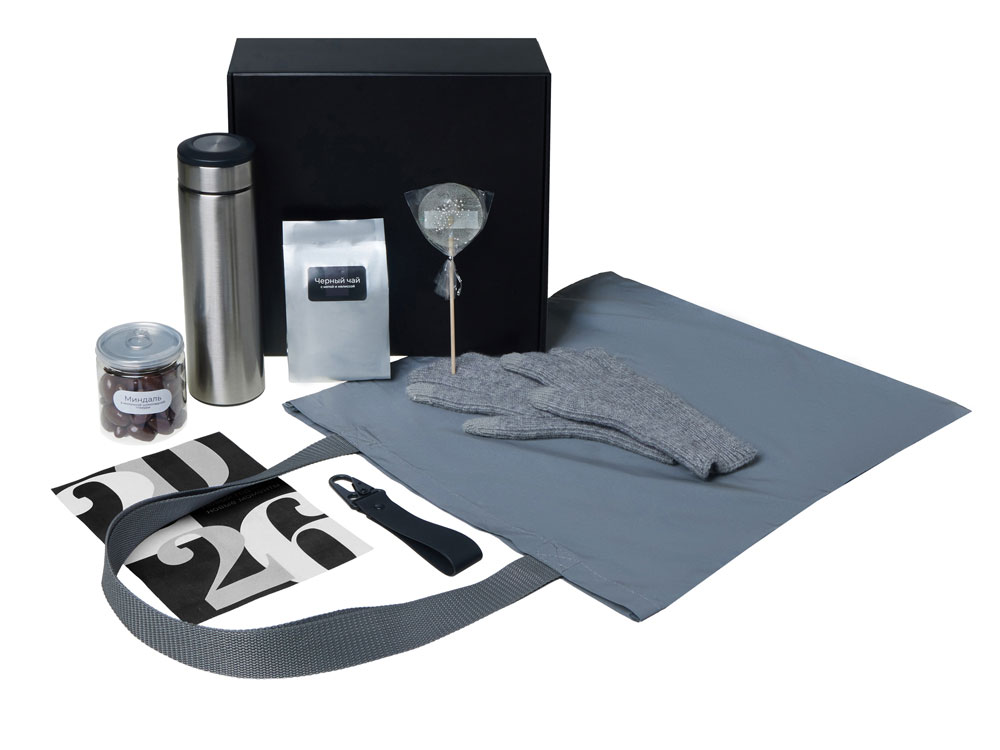 Подарочный набор с перчатками, термосом и чаем, серый-1