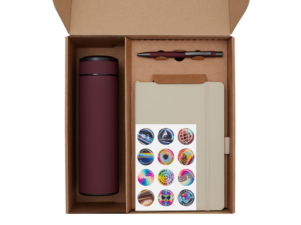 Подарочный набор с термосом, блокнотом, ручкой и чаем, бордовый-1