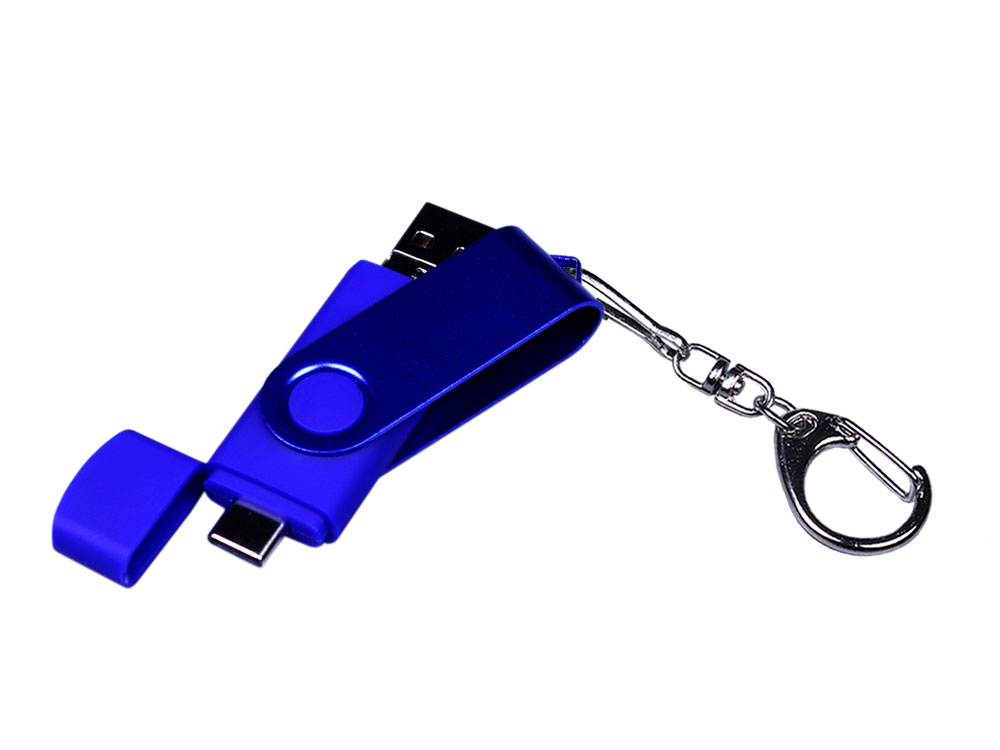 USB-флешка на 16 Гб 3 в 1 поворотный механизм, c двумя дополнительными разъемами MicroUSB и TypeC C с одноцветным металлическим клипом, синий-3