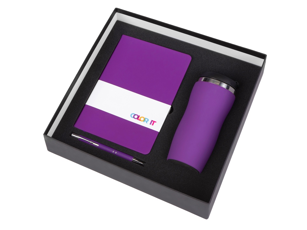 Подарочный набор с блокнотом С2, металлической ручкой и термокружкой, фиолетовый-1