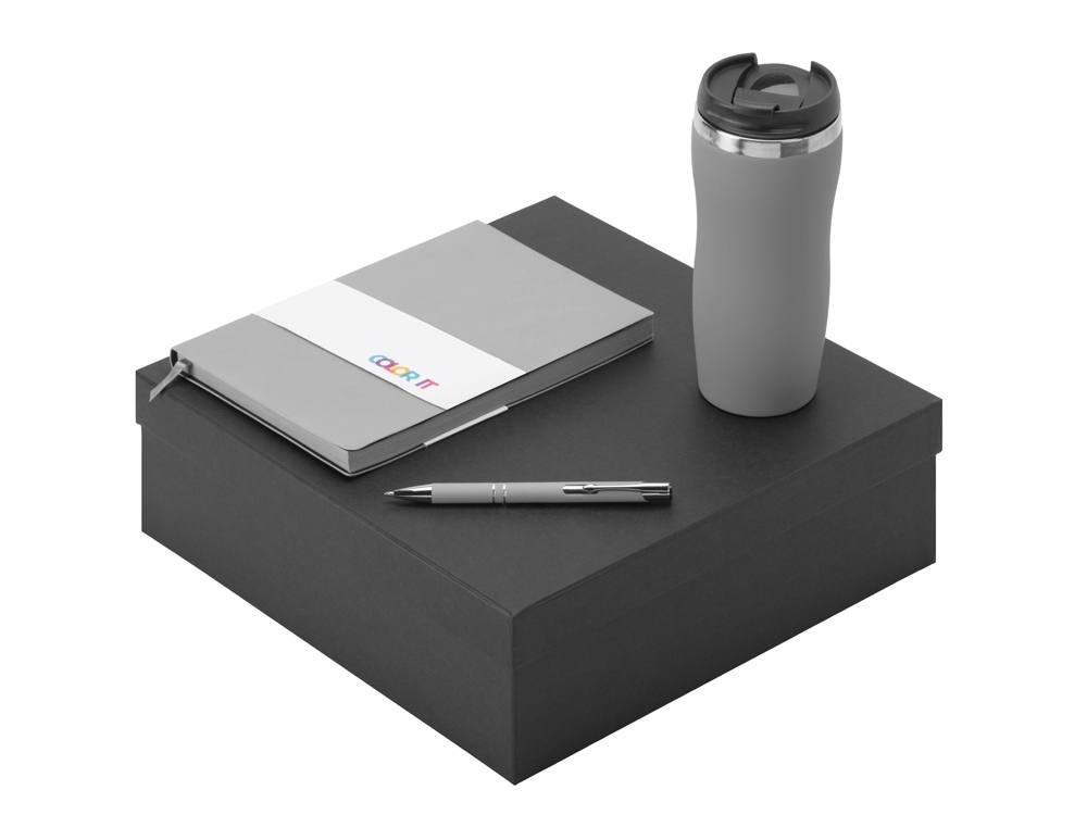 Подарочный набор с блокнотом С1, металлической ручкой и термокружкой, серый-0