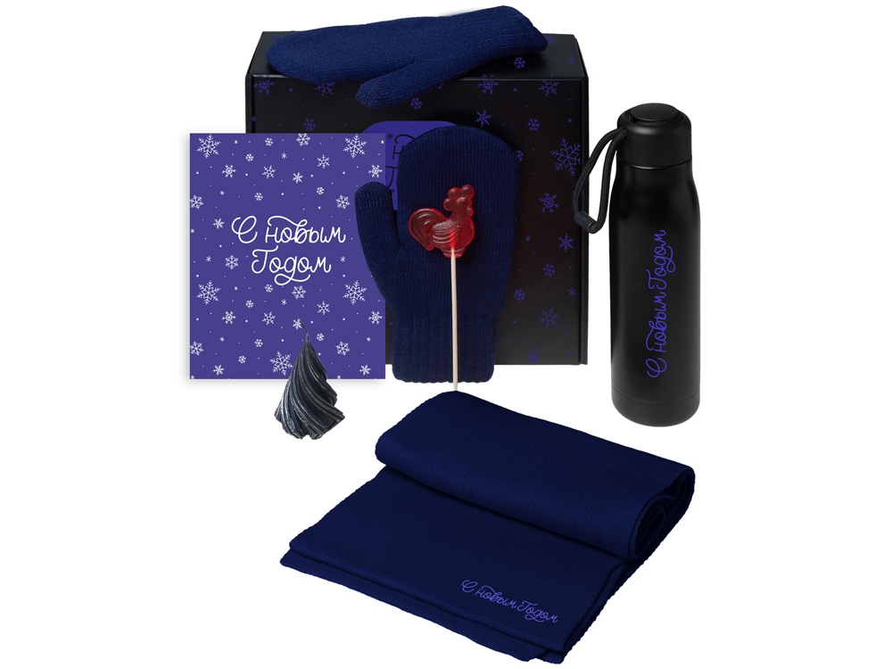 Подарочный набор с варежками, шарфом и термосом, темно-синий-0