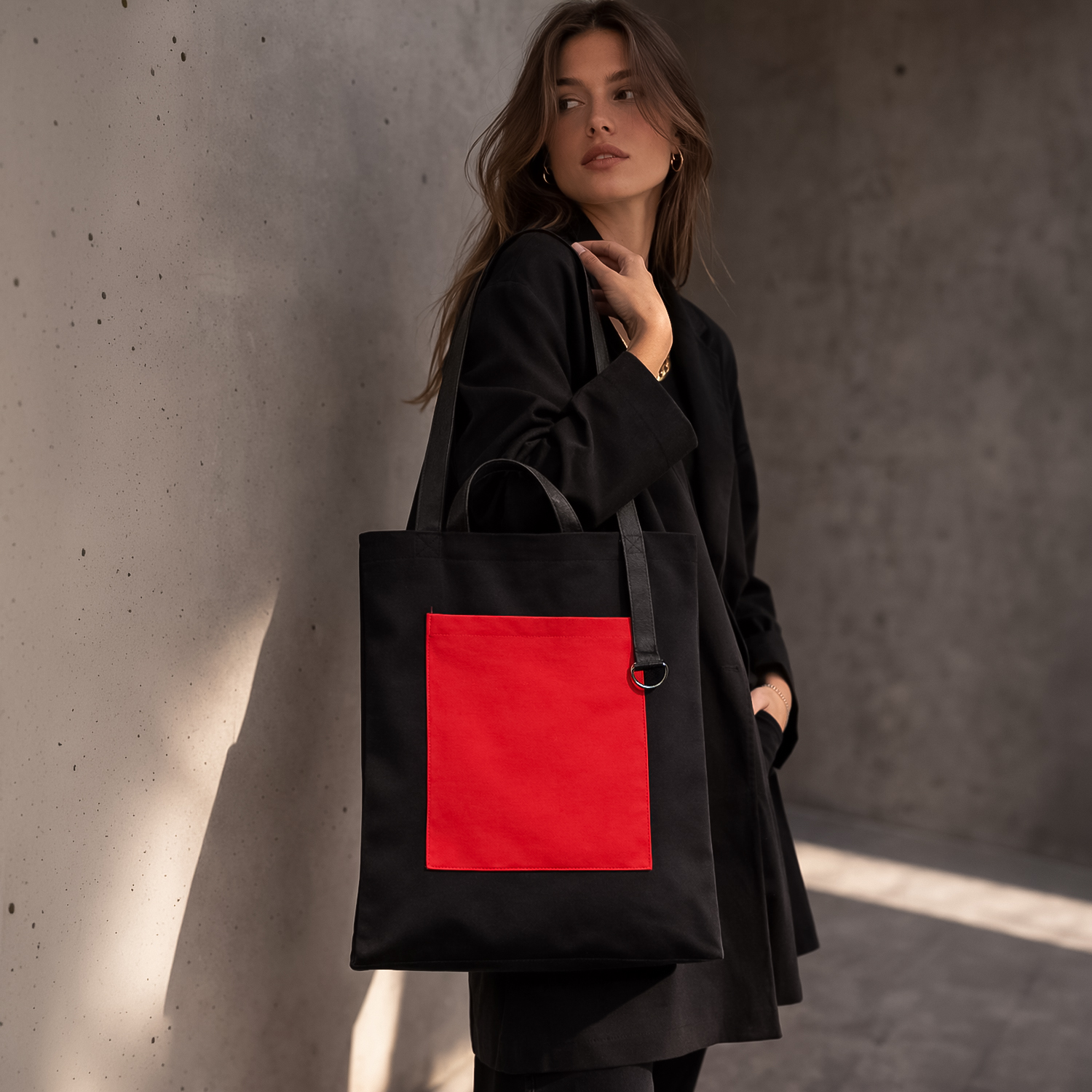 Шоппер Superbag Big Pocket, с карманом на молнии (черный с красным)-6