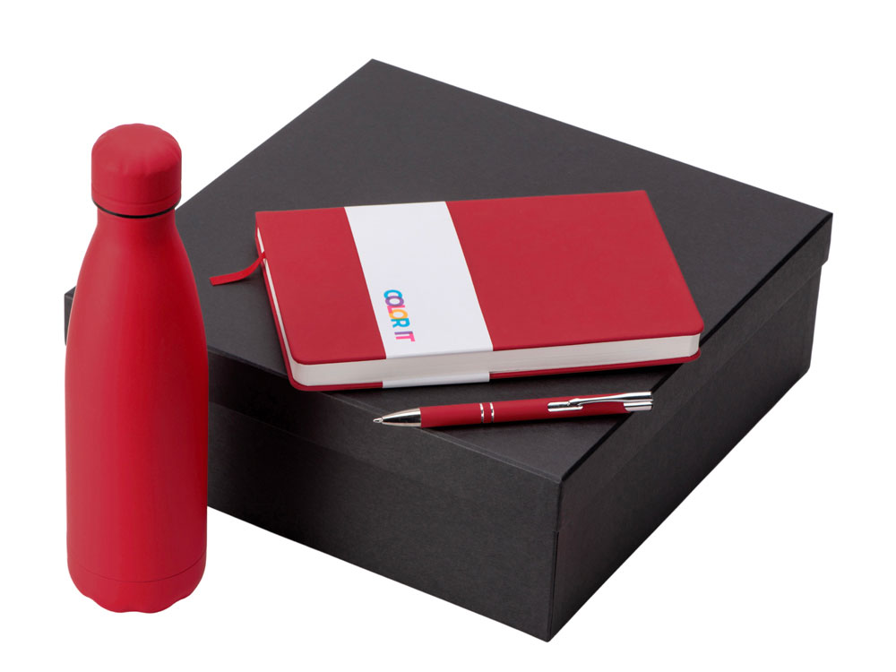Подарочный набор с блокнотом С3, металлической ручкой и термобутылкой, красный-0