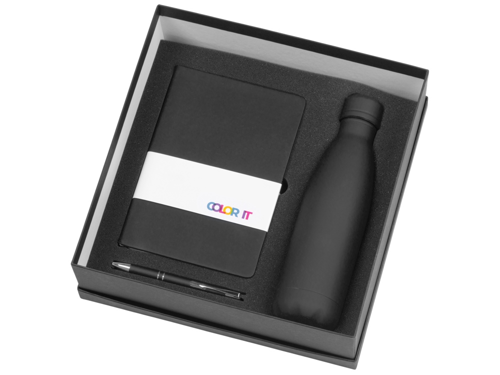 Подарочный набор с блокнотом С1, металлической ручкой и термобутылкой, черный-1