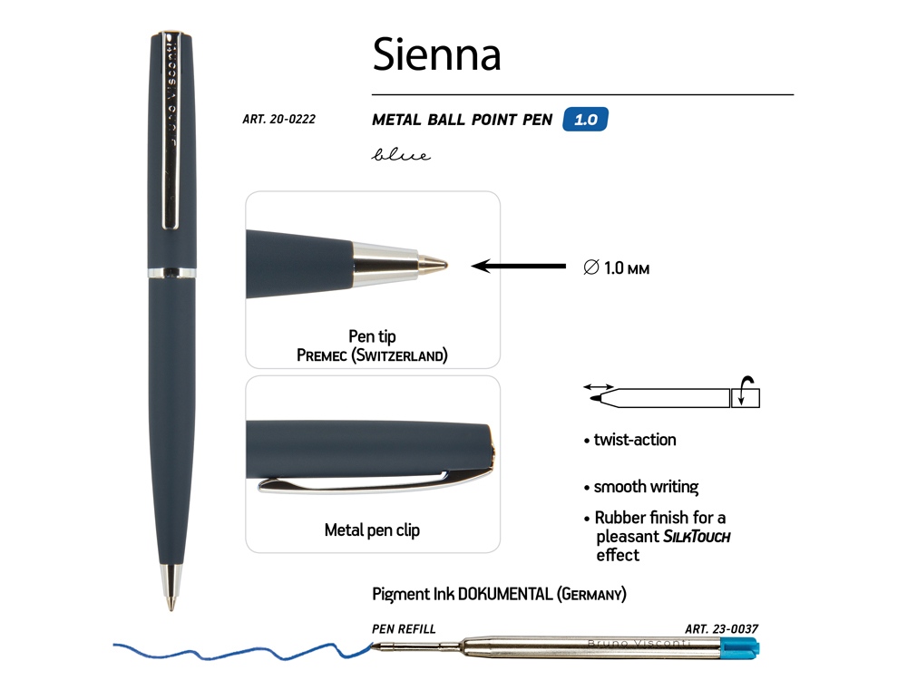 Ручка Sienna шариковая  автоматическая, синий металлический корпус, 1.0 мм, синяя-2