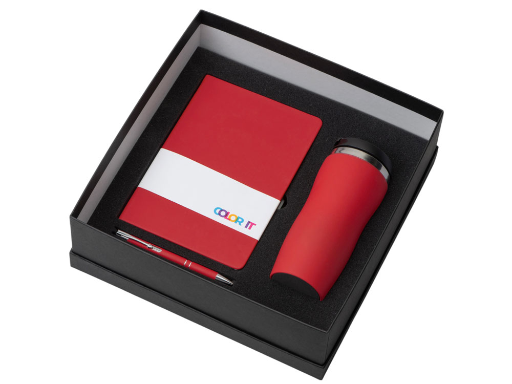 Подарочный набор с блокнотом С2, металлической ручкой и термокружкой, красный-1
