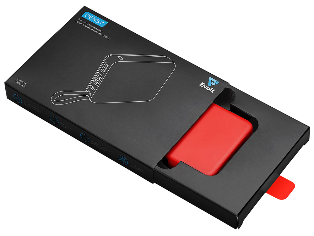 Внешний аккумулятор со встроенным кабелем USB-C Дэнси, 5000 мАч, красный-4