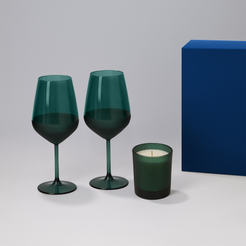 Подарочный набор свеча Энигма (Enigma) + 2 бокала для вина Эмеральд (Emerald) в синей коробке