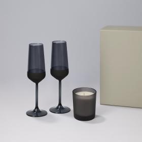 Подарочный набор свеча Enigma + 2 бокала для шампанского Black Edition в серой коробке