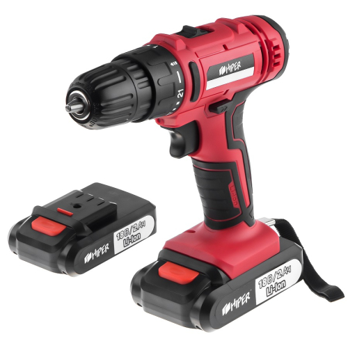Шуруповерт аккумуляторный HIPER HCD18В, 18В, в кейсе, Li-ion батарея 2,0 Ач (2 шт), 35Нм, красный