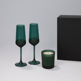 Подарочный набор свеча Enigma + 2 бокала для шампанского Emerald в черной коробке