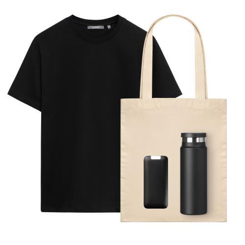 Набор с одеждой Крис (KRIS) (футболка, аккумулятор, термобутылка, шоппер), черный, L