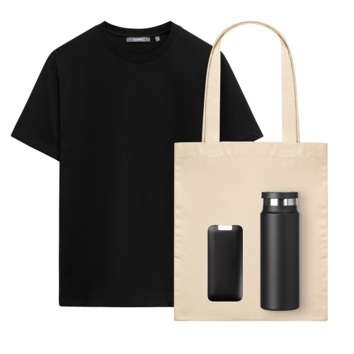 Набор с одеждой Крис (KRIS) (футболка, аккумулятор, термобутылка, шоппер), черный, L