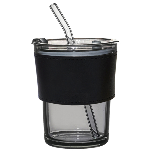 Стакан стеклянный с трубочкой и капхолдером Karamel, Черный