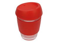 Стеклянный стакан с силиконовой крышкой и манжетой «Monday», цвет: красный, прозрачный